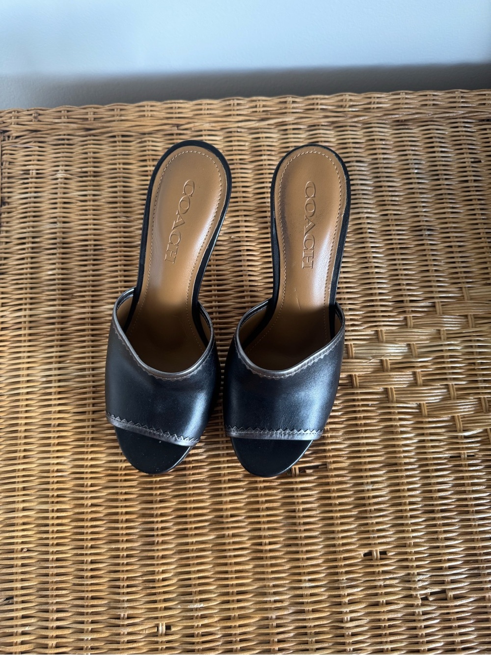 Coach Black Leather Peep Toe Mules - COACH